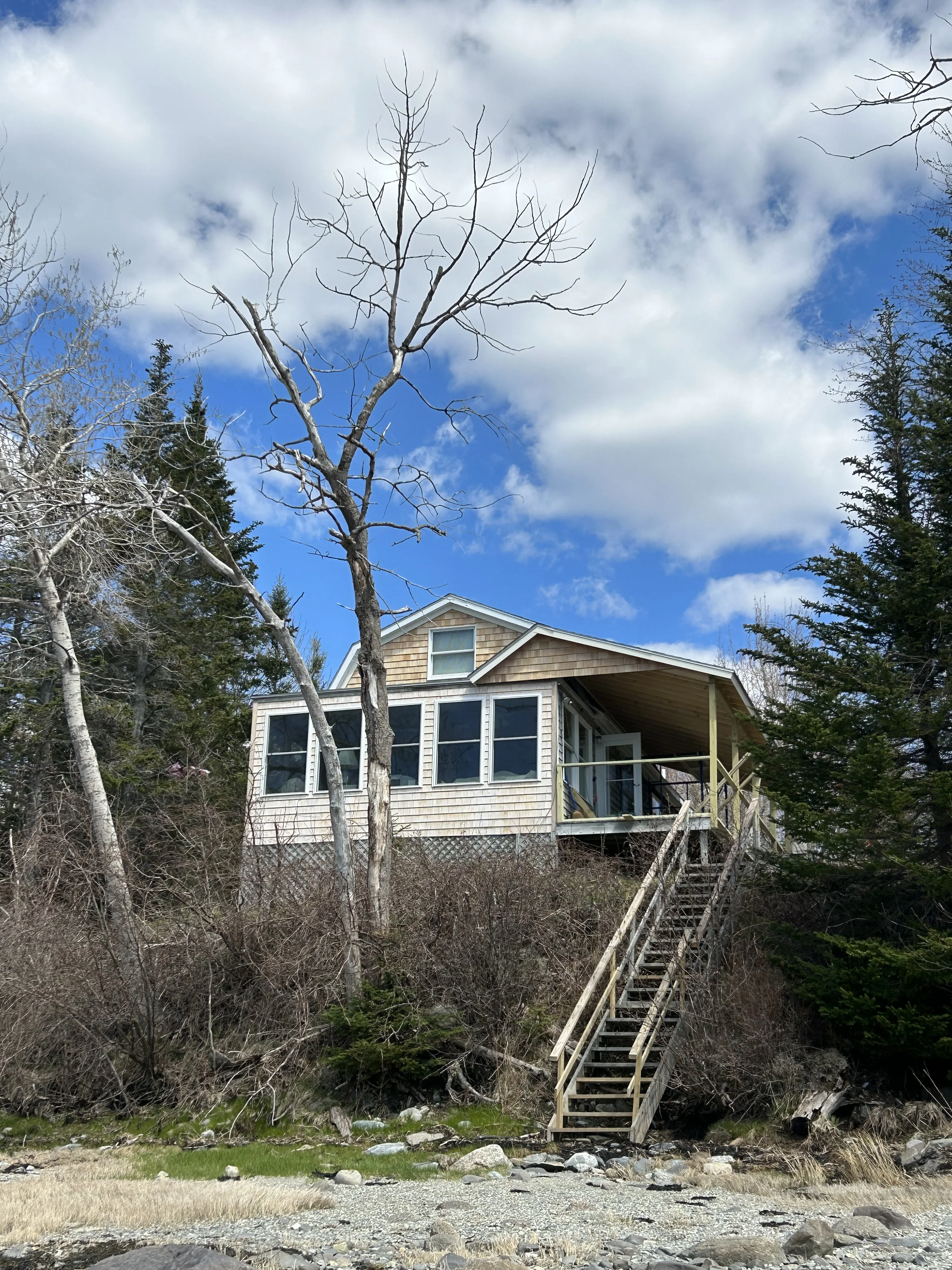 Jordan River camp restoration, Gouldsboro Maine historic waterfront property
